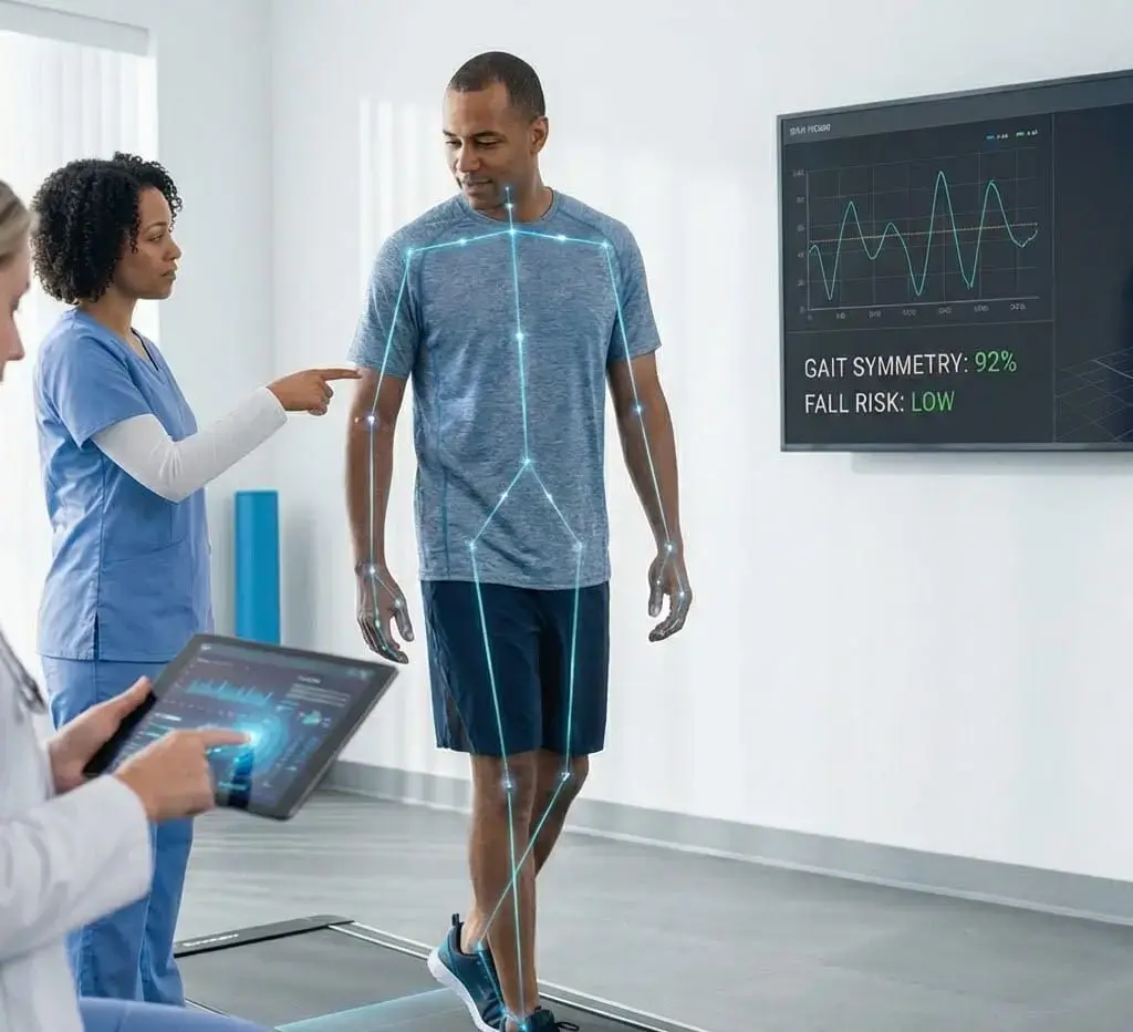 Clinician reviewing a patient's gait analysis with skeletal motion tracking and on-screen gait metrics