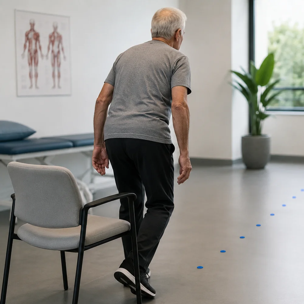 An older patient walking a marked path in a clinic while a tablet captures his movement