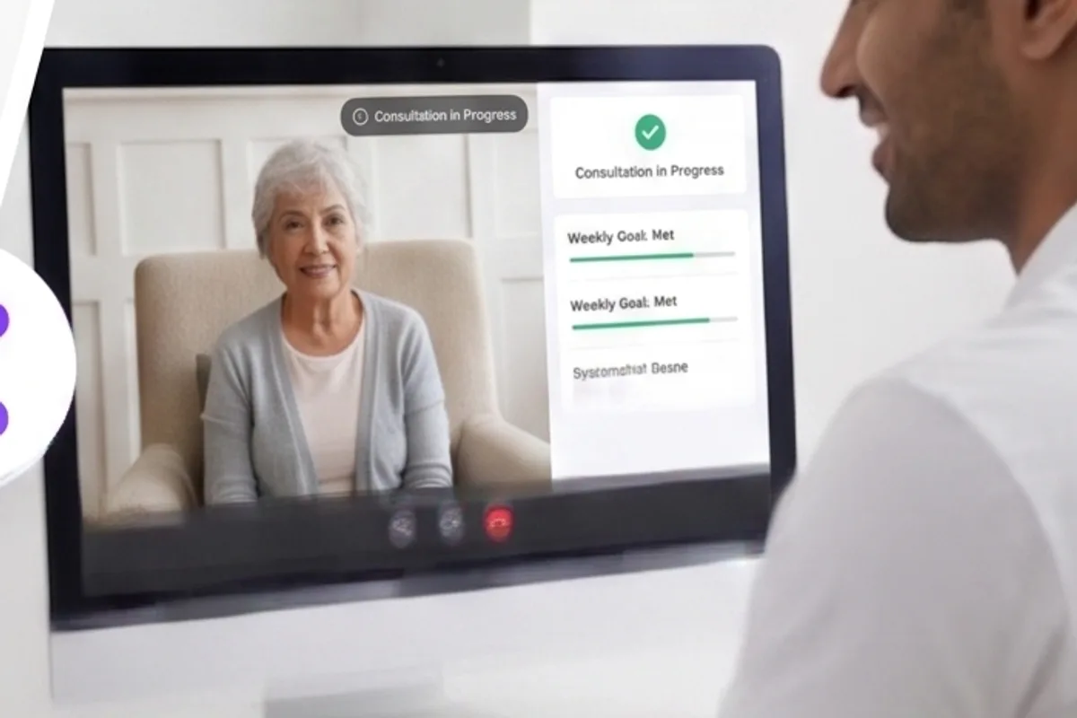 A clinician reviewing an older patient's progress dashboard during a remote consultation