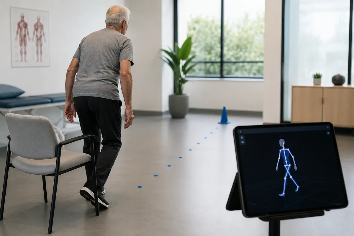 An older patient's gait captured for objective analysis, shown as a skeletal overlay on a tablet