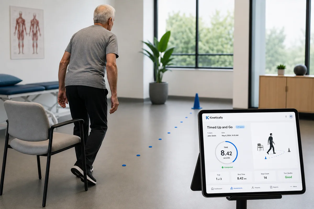 An older patient performing a Timed Up and Go test while a tablet displays the captured result