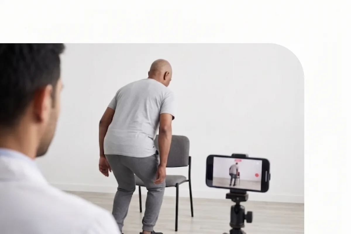 A clinician guiding an older patient through a sit-to-stand assessment captured on a phone